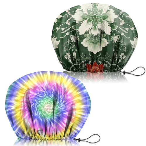 2 PCS Shower Cap Adjustable Reusable Double Waterproof Layer Elastic Hair Bath Cap Cute Aesthetic for Women Girls-Multicolour - color: I9-Multicolour