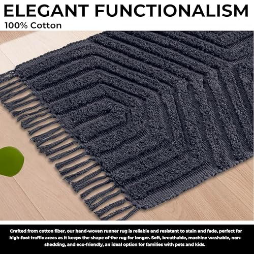 Boho Bathroom Rug 2' x 3', Washable Hand-Woven Tufted Cotton Rug with Tassels for Entryway 24x36 inch, Foyer, Bedroom, or Kitchen - Dark Grey - color: Dk Grey, size: 2' x 3' (Rectangular)