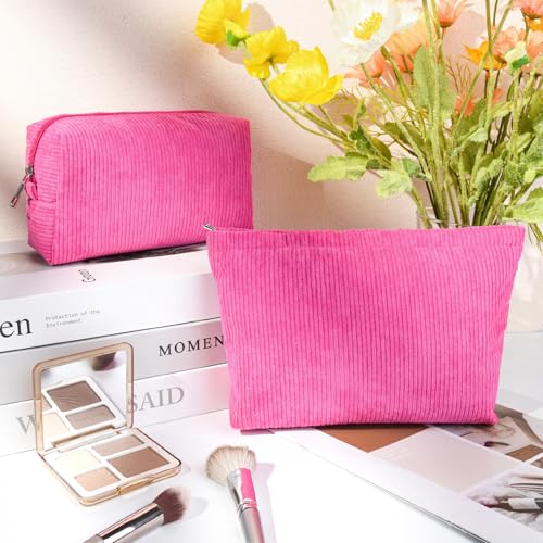 SOIDRAM 2 Pcs Corduroy Makeup Bag Large Cosmetic Bag Toiletry Bag Makeup Pouch Travel Bag Organizer Cute Makeup Brushes Aesthetic Accessories Storage Bag for Women Rose Red - color: Corduroy Rose red