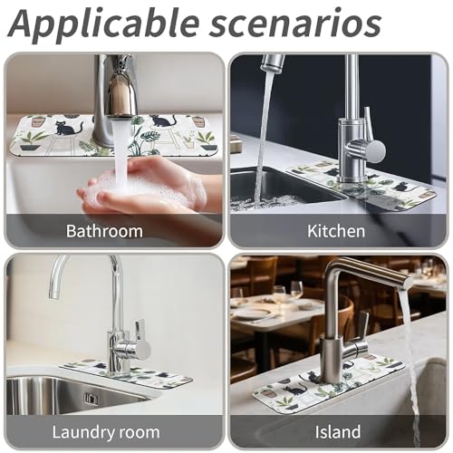 Kitchen Sink Splash Guard，Cats and potted plants Faucet Mat Sink Gadgets-Super Absorbent Fast Drying Mat Drip Catcher for Kitchen, Bathroom,Sink Mat, Dish Drying Mat, Bathroom(15" X 5.5" ) - color: Cats and potted plants