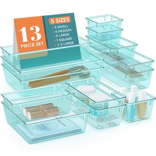 StorMiracle 13 PCS Drawer Organizer Set, 5 Varied Size Bathroom and kitchen Drawer cabinet organizer Trays, Clear Storage Bins for Makeup, Jewelry, Utensils and Gadgets - color: Sea Blue, size: 13 PCS
