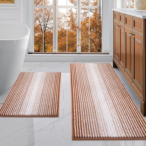 BSICPRO Bathroom Rugs and Mats Sets, 2 Piece Thick Absorbent Chenille Bath Mat Rug Set Non Slip, Soft Bath Room Floor Mats for Bathroom, Machine Washable (20" x 47" Plus 16" x 24",Caramel Brown) - color: Caramel Brown, size: 20" x 47" Plus 16" x 24"