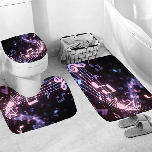 AZHM Glitter Music Note Shower Curtain Set 4 PCS Modern Black Purple Bathroom Decor Set with Non-Slip Bath Rugs, Toilet Lid Cover & U-Shaped Mat - color: Black Purple