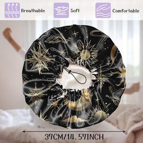 Luxury Shower Cap Silk Satin Lined Waterproof Reusable Adjustable Elastic Dry Hair Bathing Caps Cute for Women Girls-Sun Moon - color: C-10-Sun Moon