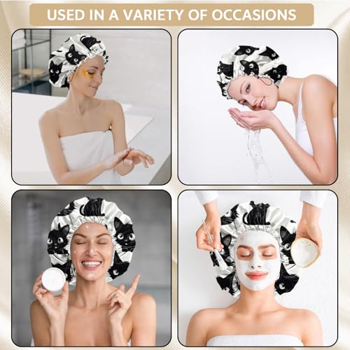 Shower Cap Adjustable Waterproof Double Layer Elastic Reusable Hair Bath Cap Cute Aesthetic for Women Girls-Cat - color: R3-Cat
