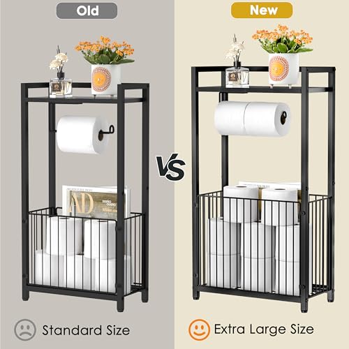 Freestanding Toilet Paper Holder with Storage Shelf - Larger Size Bathroom Tissue Stand with Space for Multiple Rolls, Phone, Wipes, and Magazines – All-in-One Toilet Roll Dispenser and Organizer
