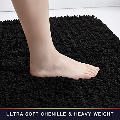 Walensee Bathroom Contour Rug Non Slip Toilet U Shaped Bath Mat (20x24, Black) Water Absorbent Super Soft Shaggy Chenille Machine Washable Dry Extra Thick Perfect Absorbant Best Plush Carpet - color: Black, size: 20"x24" Contour Rug