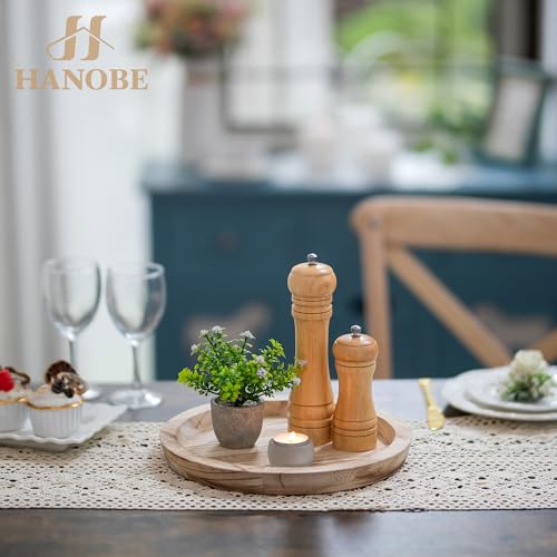 Hanobe Wooden Tray for Coffee Table: Candle Holder Plate Round Decorative Serving Tray - Vintage Table Centerpiece Rustic Farmhouse Home Decor - color: Light Burnt Wood