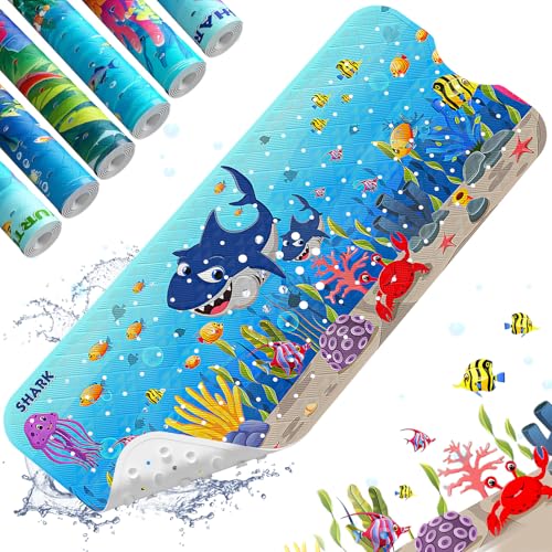XIYUNTE Baby Bath Mat for Tub Non Slip Kids Bath Mat - 40''x16'' Extra Long Cartoon Bathtub Mat Non Slip Kids Shower Mat Eco-Friendly Toddler Bath Mats with Suction Cups, Machine Washable, Shark - color: B-shark 1
