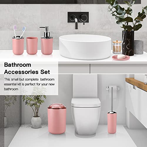 Otostar Plastic Bathroom Accessories Set Decor Countertop Gift Set Bathroom Accessory Set Includes Toothbrush Holder Soap Dispenser Tumbler Soap Dish Toilet Brush Holder Trash Can Qtip Holder (Pink) - style: B-Pink 3308