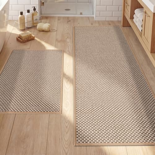 YIHOUSE Thin Bath Mat Khaki Bathroom Rugs Sets 2 Pieces, Non Slip Absorbent Mats Quick Dry, Woven Rugs Washable, Tapetes para Baño for Bathroom Toliet,Bathtub(17"x24"+17"x47") - color: Khaki, size: 2Pieces(17"x24"+17"x47")