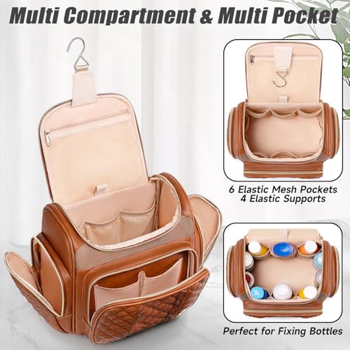Large Leather Toiletry Bag for Women Men,Bathroom Bag,Water Resistant Shower Bag,Makeup Bag,Portable Shower Caddy for College Dorm,Hanging Travel Toiletry Bag with Transparent Waterproof Phone Pocket - color: Brown Leather-1