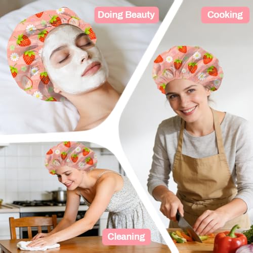 Strawberries Reusable Shower Cap Cute Fruit Double Layer Waterproof Shower Caps Large Elastic Hair Cover Adjustable Hair - Drying Caps for Woman Bath SPA Travel One Size Fits Most - color: Strawberries