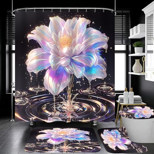 4 Piece Lotus Shower Curtain Set with Rugs, Luxury Iridescent Effect Flower & Crystal Water Ripple Bathroom Decor, Waterproof Fabric Curtain, Non-Slip Bath Mat & Toilet Lid Cover - color: Pink Purple