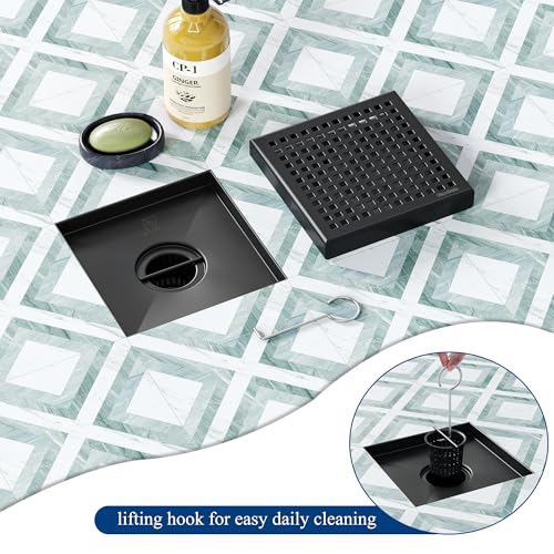 Neodrain Matte Balck Square Shower Drain with Removable Quadrato Pattern Grate, 304 Stainless Steel Square Drain, CUPC Certified, with Hair Strainer and Lifting Hook (Matte Black, 6 in) - color: Matte Black, size: 6 IN