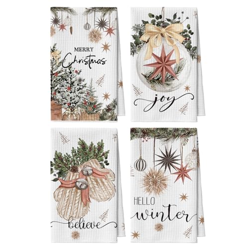 Artoid Mode Gloves Ball Xmas Tree Merry Christmas Bar Kitchen Towels, 12x24 Inch Quick Dry Microfiber Cloth Dish Towels for Kitchen Drying Set of 4 - size: 12" x 24", Microfiber