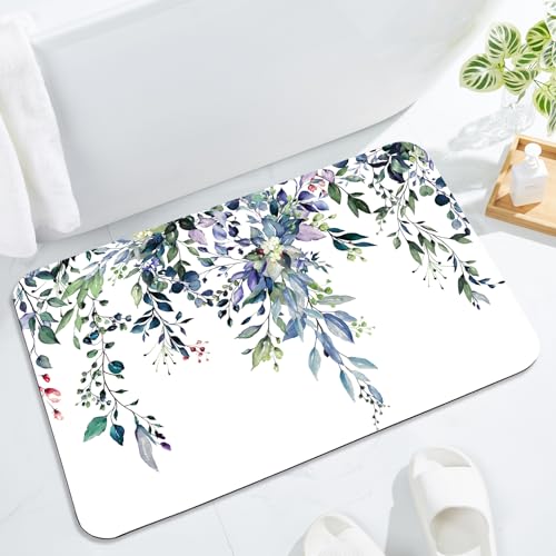 Gibelle Eucalyptus Leaves Bath Mat Rug Set 2 Piece, Super Absorbent Quick Dry Bathroom Rug Set, Non Slip Rubber Backed Bathroom Floor Mat for Tub Shower Sink (20"x32"+20"x32", Green) - color: A002, size: 20" x 32" (2pcs)