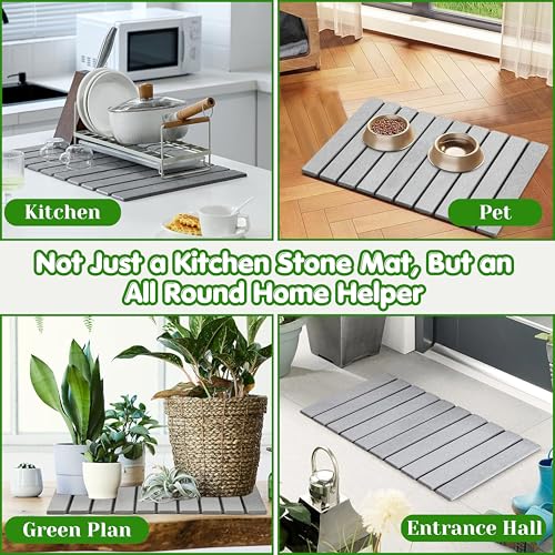 Stone Dish Drying Mat for Kitchen Counter 24x16 Grey, Quick Dry Stone Mat Kitchen, Large Stone Drying Mat for Dishes, Cups & Sink Counter, Drying Stone for Kitchen Counter