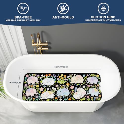 XIYUNTE Baby Bath Mat for Tub Non Slip Kids, BPA Free Extra Long Bathtub Mat 40x16 with Drain Holes and 200 Suction Cups, Non Toxic Machine Washable Toddler Bath Mat, Eco-Friendly Certified - color: Black Elephant
