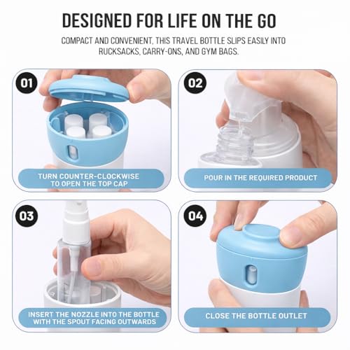 Travigo 4-in-1 Travel Dispenser Bottle, TSA Approved, Leak Proof, Four Reusable 1.4 oz. (40 mL) Toiletry Containers for Shampoo, Conditioner, Soap, Lotion, Skincare (Blue) - color: 1 Dispenser (Blue)