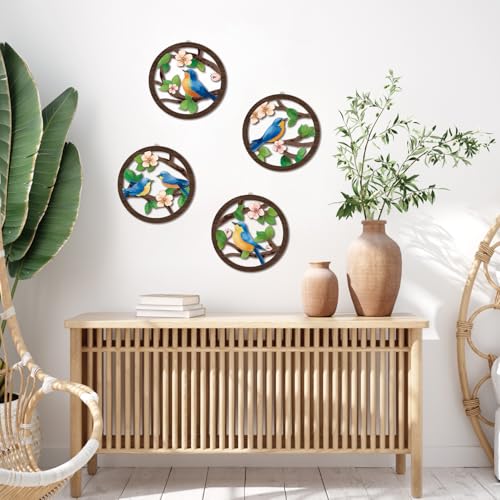 HPNIUB Bird on Birch Tree Branch Wall Decor, Modern Green Leaves Little Birds Laser Cut Artwork, 4 Pieces 10''x10'' Rustic Farmhouse Nature Animals Wall Hanging Plaque for Living Room Bedroom - color: Bird on tree branch