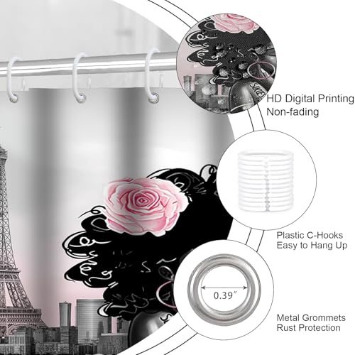 4Pcs Black Girls Bathroom Sets with Shower Curtain and Rugs, African Shower Curtain Set for Women, Eiffel Tower Pink Pattern Waterproof Fabric with 12 PCS Hooks, Cortina de baño Set completo - color: Pink