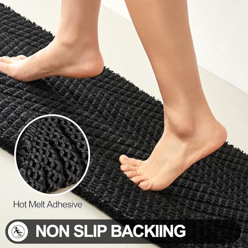 Sunfly Long Black Bathroom Rug, Waffle Bath Mat Non-Slip Washable Super Absorbent Quick Dry, Boho Farmhouse Bathroom Runner Decor 24"x60" Black - color: Black, size: 2' x 5' (Rectangular)