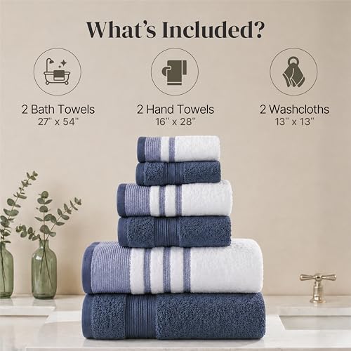 Modern Threads 6-Piece Towel Set – 100% Cotton, Quick Dry, Ultra Absorbent – Includes 2 Bath, 2 Hand, 2 Washcloths (White/Reinhart Blue) - color: Blue, style: Classic Stripe