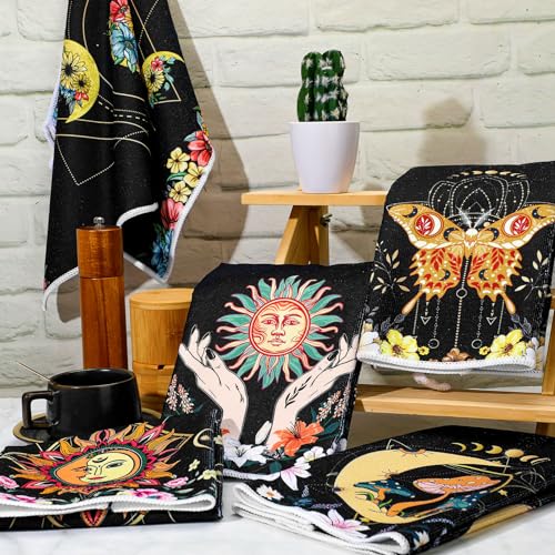 Boyiee Set of 6 Witchy Kitchen Towels Boho Tea Towels Absorbent Mushroom Floral Dish Towels 24 x 16'' Gothic Dish Towels Sun Moon Star Butterfly Hand Towels Gifts for Farmhouse Kitchen Bathroom - color: Moon