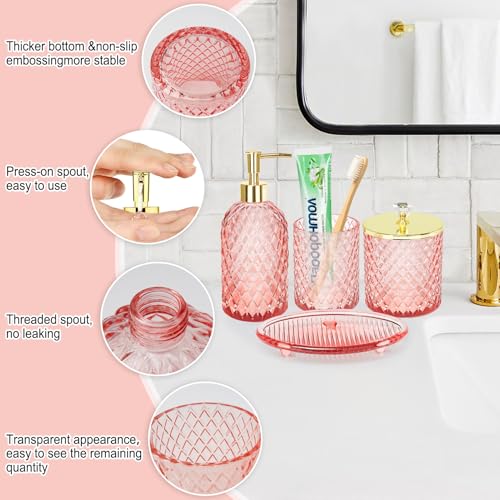 Haturi Pink Bathroom Accessories Set, 4 Pcs Glass Bathroom Accessory Set Complete w/Soap Dispenser, Toothbrush Holder, Qtip Holder, Vanity Tray, Gold Bathroom Set Decor, Gift for Girl Home Apartment - style: Light Pink