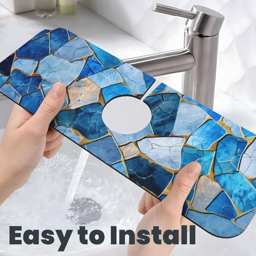 Kitchen Sink Splash Guard Faucet Mat, Blue Gold Abstract Mosaic Diatom Mud Absorbent Draining Mat For Kitchen Sink Bathroom - color: Blue Gold Abstract Mosaic, size: One Size