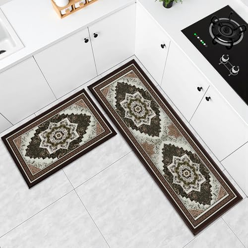 Boho Kitchen Rugs Set 2 Piece 17"x47"+17"x30", Brown Vintage Symmetrical Runner Rug Non Slip Absorbent Mats Farmhouse Washable Kitchen Floor Mat Set for Hallway Laundry Sink Decor - color: Boho Brown