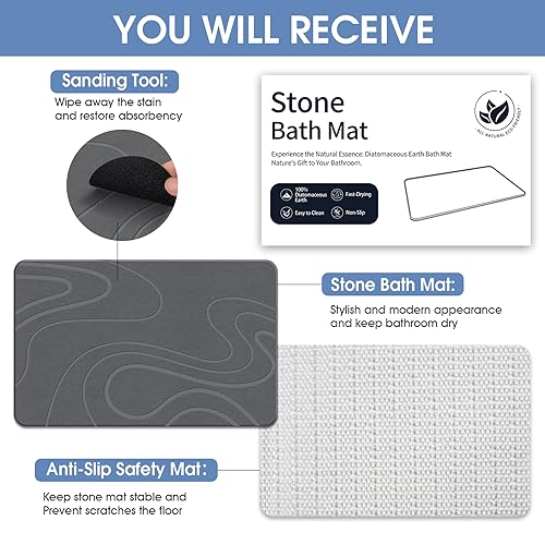 Veeloim Stone Bath Mat Diatomaceous Earth Shower Mat Non-Slip Super Absorbent Diatomite Stone Bath Mats for Bathroom Floor Quick Drying Natural Easy to Clean - color: Line2-grey
