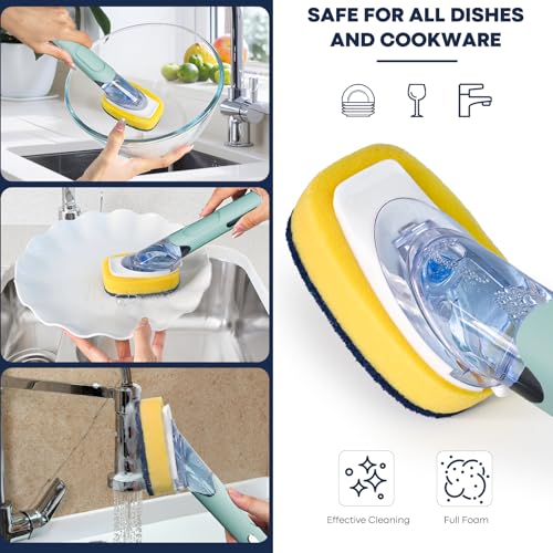 Dish Brush with Soap Dispenser Storage Set with 2 PCS Brush Refills & Holder, Dish Scrubber with Soap Dispenser, Dish Soap Brush, Dish Wand with Soap Dispenser for Dishes, Pans, Sink, Pots(Blue) - color: Blue