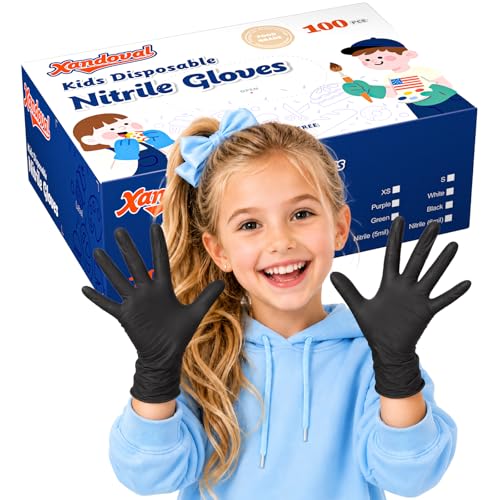 Kids Nitrile Gloves for 6-10 Years, 5Mil Black Disposable Gloves for Work, Cleaning, Cooking, Gardening, Painting, Latex-Free and Powder-Free (S,100PCS) - color: Black of 100pcs, size: Small