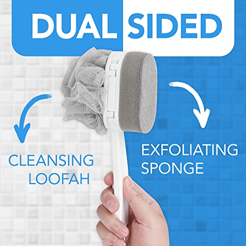 Impresa Extra Long Handle Shower Brush - Dual-Action Loofah & Exfoliating Sponge Body Scrubber - Ergonomic Grip Back Scrub Brush - Replacement Loofah & Sponge Heads - Pack of 2, White