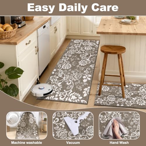 LOKHOM Boho Kitchen Rugs Sets of 3, Non Slip High-Low Textured Kitchen Mats for Floor with Rubber Backing, Paisley Floral Washable Carpet Runner for Hallways Entryway Laundry Sink (Brown & White) - color: Brown, size: 24"x35"+24"x48"+24"x60"