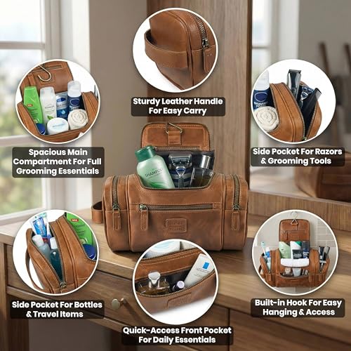 LEATHER VILLAGE Genuine Leather Travel Dopp Kit for Men & Women – Water-Resistant Large-Capacity Hanging Toiletry Bag for Travel, Grooming, Bathroom Organization, Shaving Essentials & Gym Use - Tan - color: Tan