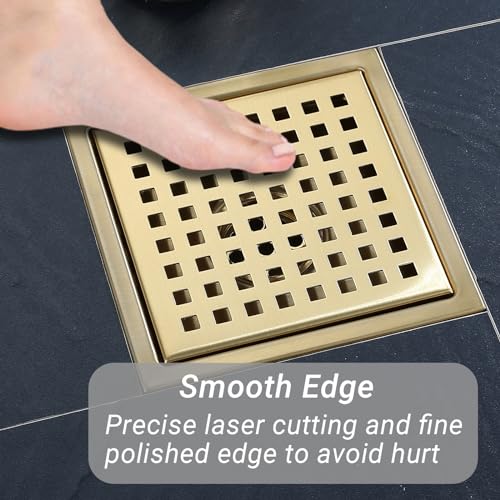 4 Inch Square Shower Floor Drain, Stainless Steel Black Shower Drain Kit with Flange, Floor Drain with Removable Grid Cover,Brushed Gold - color: Brushed Gold, size: 4 inch-Grid