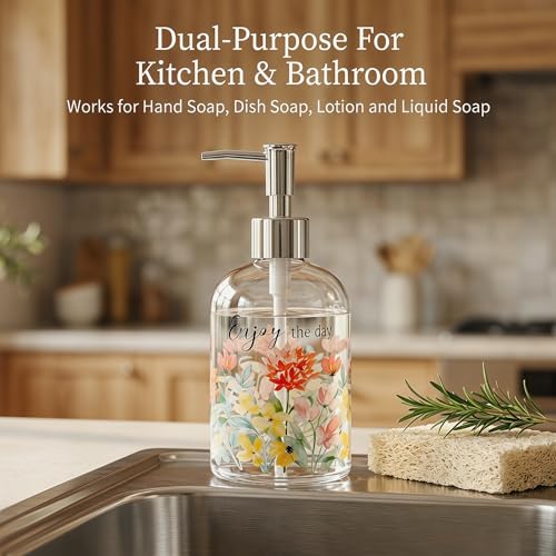 Topadorn 17oz Glass Soap Dispenser with Pump, Refillable Hand & Dish Soap Bottle, Watercolor Floral Enjoy the Day Kitchen Soap Dispenser for Bathroom Counter Decor - color: Floral