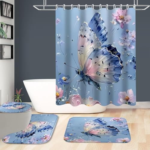 DDQQ 4Pcs Oil Painting Floral Shower Curtain Set Bathroom Sets Blue Butterfly Shower Curtain with 12 Hooks Bathroom Decor with Rugs Bath Accessories with Mats Toilet Lid Cover - color: Blue