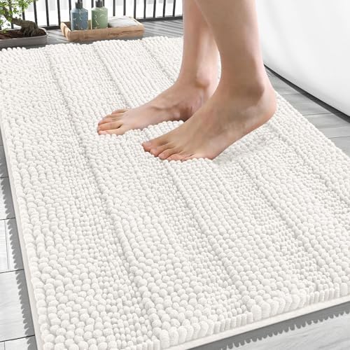 OLANLY Thick Bathroom Rugs 34x21, Extra Soft Absorbent Chenille Striped Bath Rugs, Rubber Backing, Machine Wash Dry, Bath Mats for Bathroom Floor, Tub and Shower, Home Decor Accessories, Ivory - color: Ivory, size: 34" X 21"
