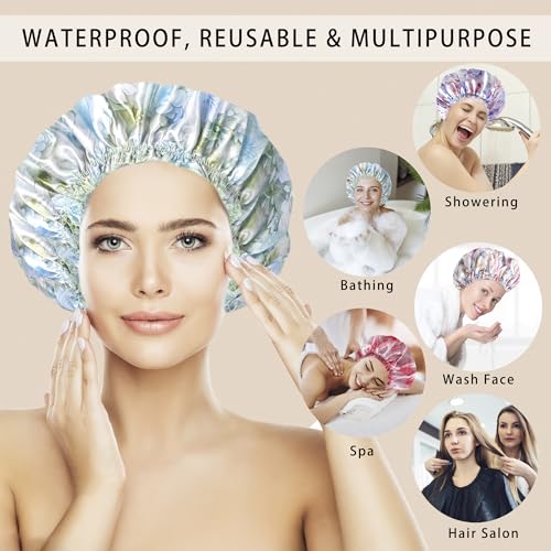 4 PCS Shower Caps for Women, 3D Printing Bath Caps, Double Layers Shower Cap Reusable Waterproof, Bathing Shower Caps, Environmental Protection Hair Bath Hat - Flower - color: 3D Flower 4 PCS/Set