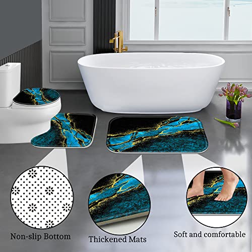 Poedist 4 Pcs Gold Edge Marble Bathroom Shower Curtain Set, Bathroom Sets with Shower Curtain and Rugs(Bath Mat,U Shape and Toilet Lid Cover Mat) and 12 Hooks-Sky Blue - color: Blue Yellow