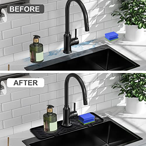 Silicone Faucet Mat for Kitchen Sink – Gen 2 Splash Guard with Upgraded Outlet & Slope – 18” x 5.1” Water Catcher & Sink Sponge Holder for Kitchen and Bathroom (Black) - color: Black, size: 18 in