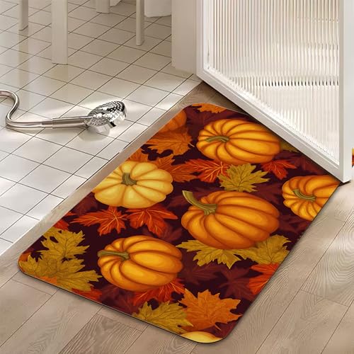 Fall Pumpkin Bath Mat,Fast Drying Thanksgiving Maple Bathmats for Bathroom, Non Slip Soft Diatomaceous Bath Rug Bathroom Accessories Thin Doormat for Home Kitchen 17 X 29.5 Inch - color: Fall Pumpkin