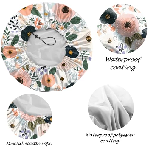 2 PCS Shower Cap Reusable Waterproof Adjustable Double Layer Elastic Dry Hair Bathing Caps Aesthetic Cute for Women Girls-Red Flower - color: H-20-Red Flower