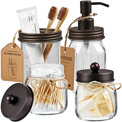 Amolliar Mason Jar Bathroom Accessories Set (4 Pcs) - Lotion Soap Dispenser & 2 Cotton Swab Holder & Toothbrush Holder-Rustic Farmhouse Decor, Countertop Vanity Organize, Bathroom Home Decor (Bronze) - size: Bronze, style: Standard-mouth