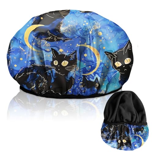 Luxury Shower Cap Terry Lined Reusable Triple Layer Waterproof Hair Elastic Caps Shower Bath Hat for Women Girls Cute Aesthetic-Black Cat - color: AL7-Black Cat