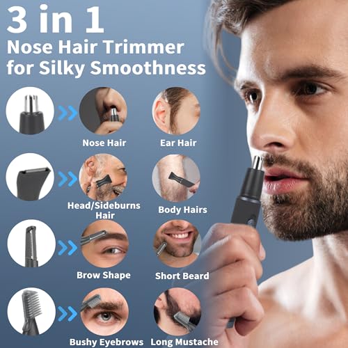 Nose Hair Trimmer for Men, Painless 3 in 1 Grooming Kit for Nose, Ear, Eyebrow & Body Hair, Rechargeable No Pull No Snag Trimming with 3 Waterproof Replacement Heads, Easy Cleansing - size: 3 in 1